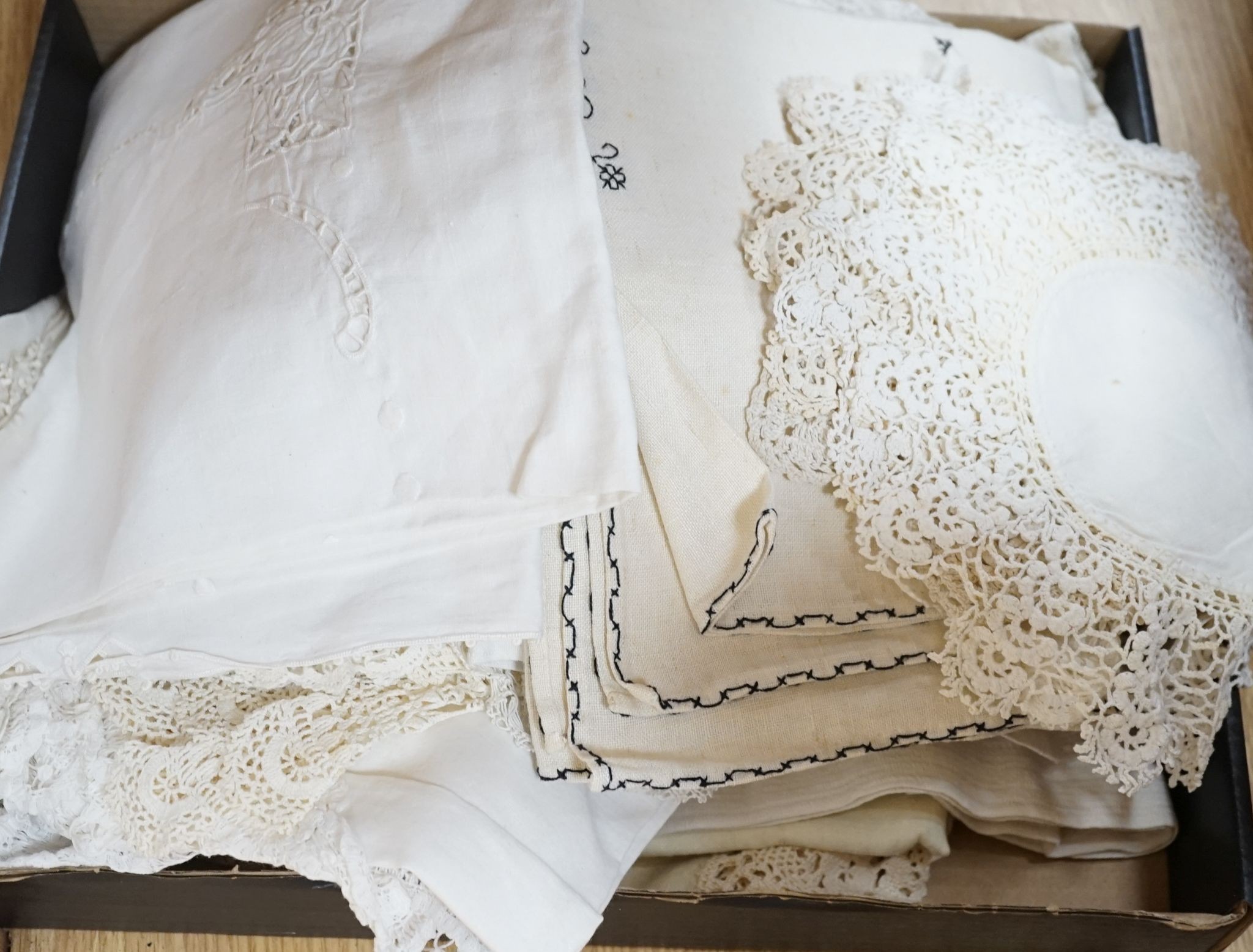 A quantity of mixed crochet, embroidered and cut work table linens.